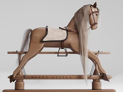 Cute Wooden Rocking Horse With Long Mane Tail And Happy Little Pony Sign 3d model