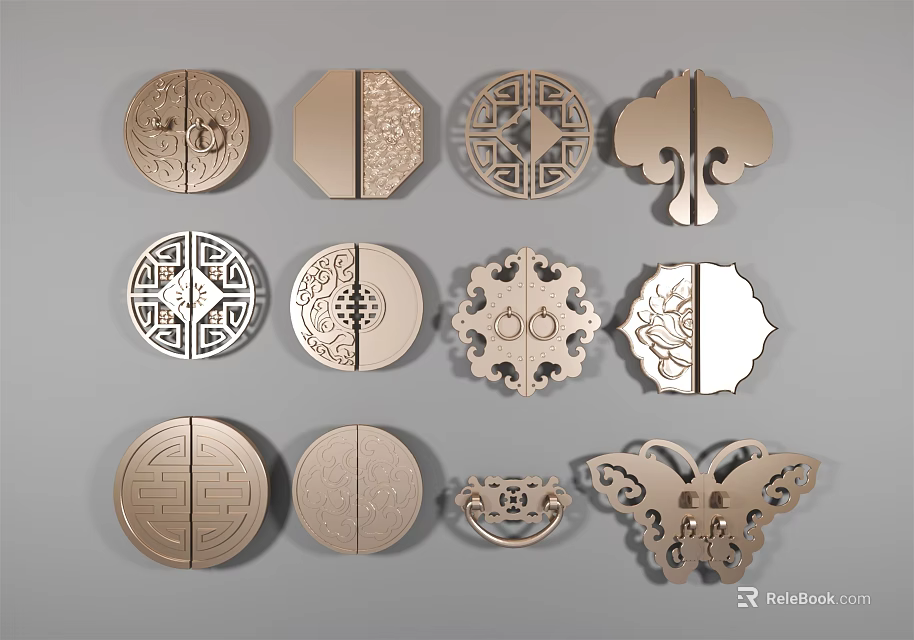 Ornate Metal Furniture Handles Featuring Traditional Chinese Patterns And Circular Butterfly Designs 3d model 