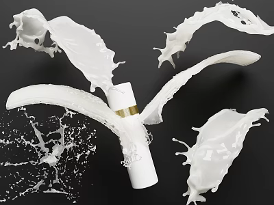 White Liquid Splashes Surrounding Gold Banded Cylindrical Object On Black Background 3d model