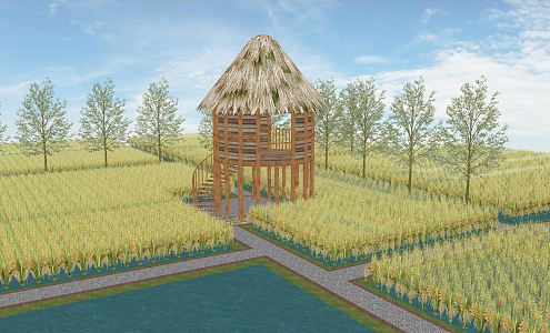 Modern thatched cottage farming paddy field landscape leisure corridor wooden house rural landscape tree house 3d model