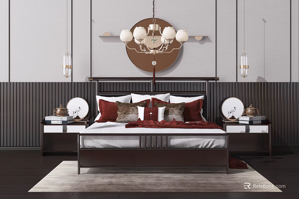 Modern Chinese Double Bed With Dark Wooden Frame Round Chandelier Bedside Tables Red Pillows 3d model 
