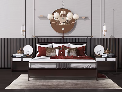 Modern Chinese Double Bed With Dark Wooden Frame Round Chandelier Bedside Tables Red Pillows 3d model