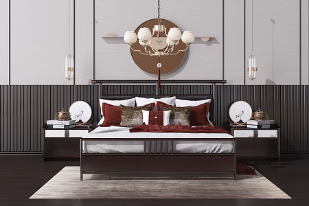 New Chinese background double bed solid wood double bed combination 3d model