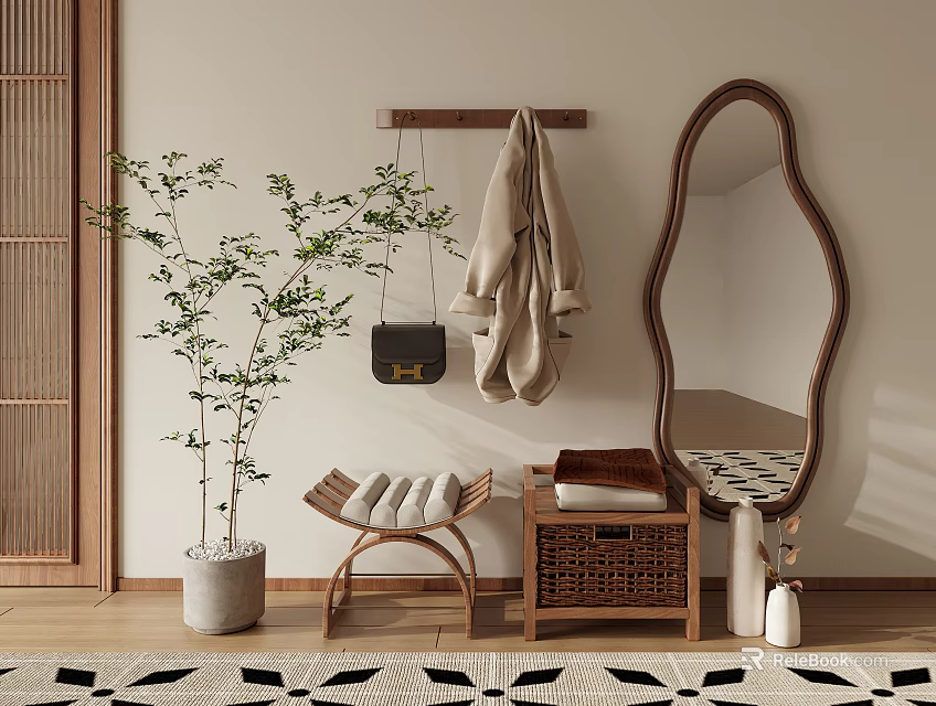 Minimalist Entryway With Wooden Lattice Door Coat Rack Irregular Mirror Potted Plant And Wicker Box 3d model 