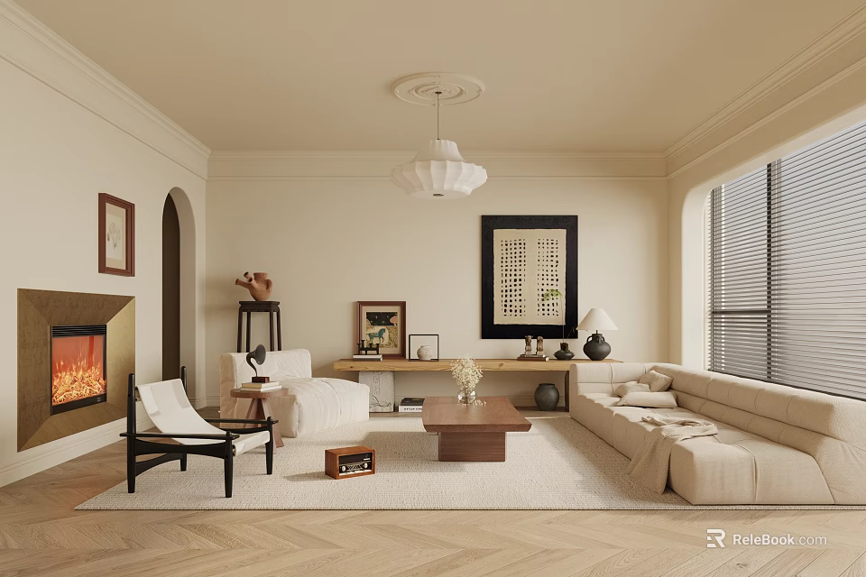 Beige Living Room Interior With Fireplace Armchair Sofa Coffee Table Wall Art And Chandelier 3d model 