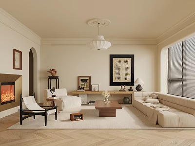 Beige Living Room Interior With Fireplace Armchair Sofa Coffee Table Wall Art And Chandelier 3d model