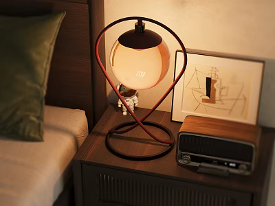 Stylish Bedroom Nightstand With Modern Lamp Astronaut Figurine Radio And Framed Artwork 3d model