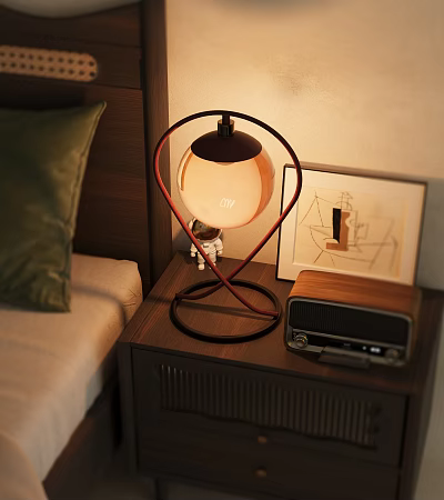 Stylish Bedroom Nightstand With Modern Lamp Astronaut Figurine Radio And Framed Artwork 3d model