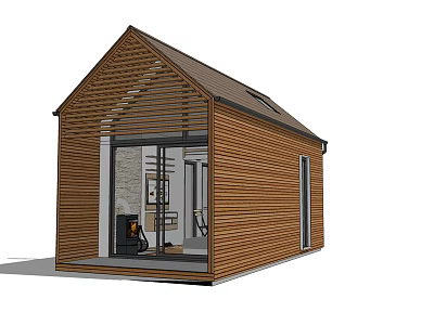 Modern Wooden Cottage With Large Glass Windows And Cozy Interior Fireplace 3d model