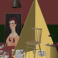 Artistic Interior Featuring Portrait Chair Table Lamp Books Yellow Triangle Decoration and Red Green Walls