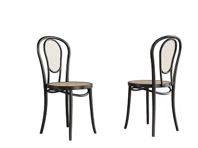 Vintage Black Metal Chairs with Wicker Backrest and Wooden Seat Design 3d model