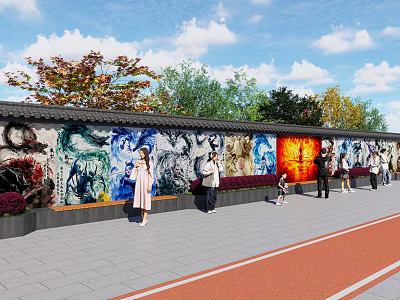 Scenic Wall with Colorful Murals Surrounded by Trees Blue Sky People Viewing Artworks on Pathway 3d model
