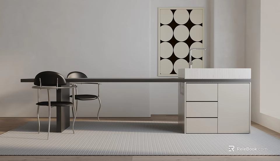 Modern Dining Table Set With Black Chairs White Cabinet And Circular Wall Art 3d model