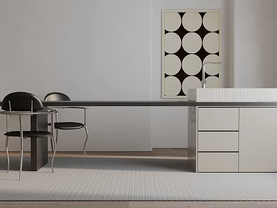 Modern Dining Table Set With Black Chairs White Cabinet And Circular Wall Art 3d model