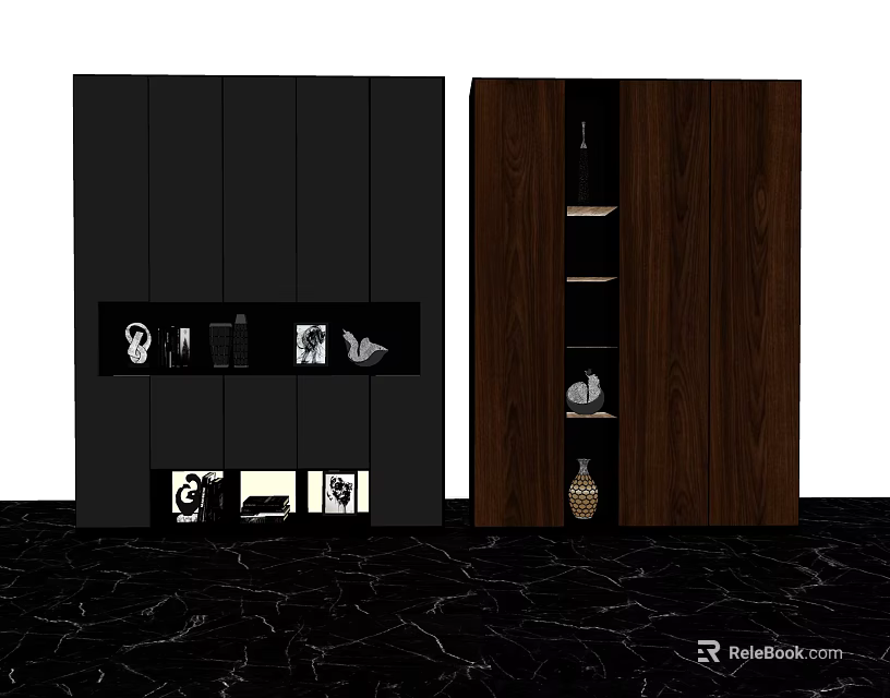 Modern Wooden Decorative Cabinets In Black Dark Brown With Open Shelves And Decor Items 3d model 