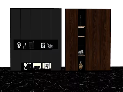 Modern Wooden Decorative Cabinets In Black Dark Brown With Open Shelves And Decor Items 3d model