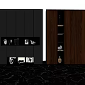 Modern Wooden Decorative Cabinets In Black Dark Brown With Open Shelves And Decor Items