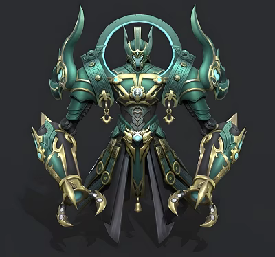 Epic Fantasy Weapon 3D Model With Green Gold Ornate Armor And Claw Like Hands 3d model
