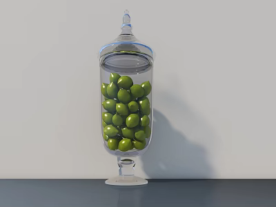 Decorative Ornament Combination Featuring Transparent Glass Jar With Green Olives On Tabletop 3d model