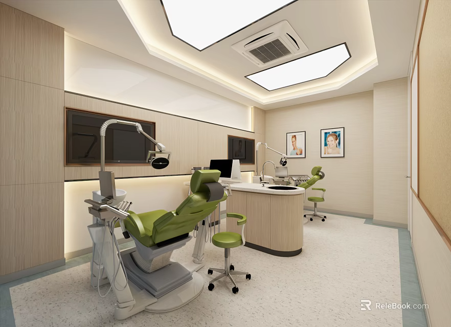 Modern Dental Clinic Interior Design With Treatment Chairs Workstations Computers And Paintings 3d model 