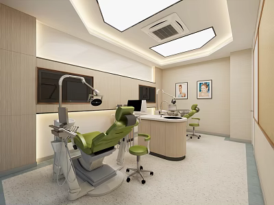 Modern Dental Clinic Interior Design With Treatment Chairs Workstations Computers And Paintings 3d model