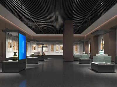 Exquisite Glass Museum Display Cabinets For Antique Cultural Relics In Modern Stylish Art Exhibition Hall 3d model