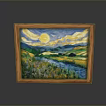 Van Gogh Style Landscape Painting With Wooden Frame Yellow Sun Green Fields River And Mountains