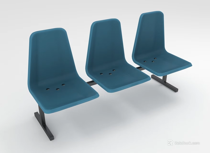 Blue Public Chairs Featuring Three Connected Seats Perforated Design And Black Metal Frames 3d model 