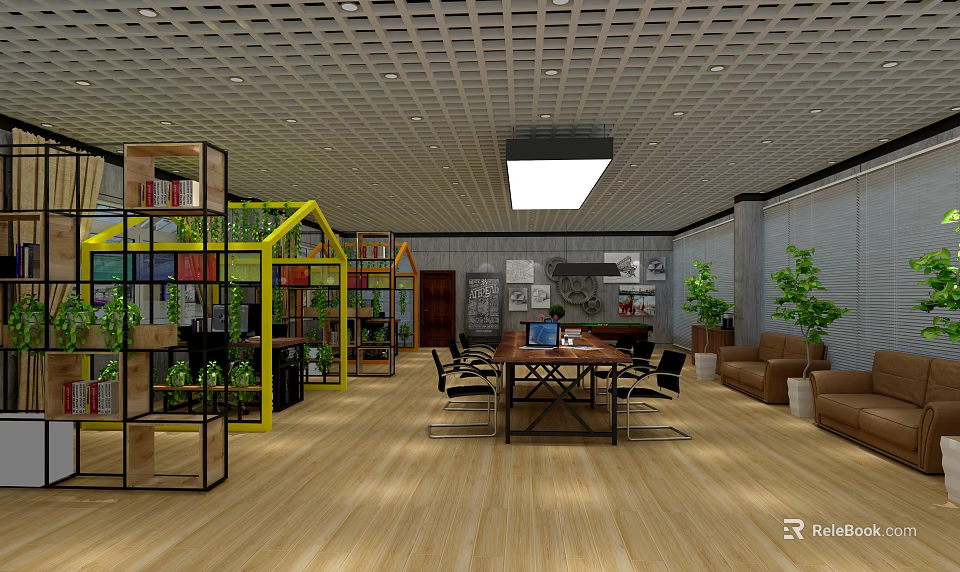 Public Office Space With Wooden Flooring Conference Table Office Chairs And Green Plants 3d model 