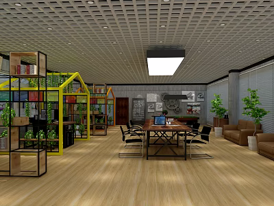 Public Office Space With Wooden Flooring Conference Table Office Chairs And Green Plants 3d model