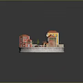 Cartoon Scene With Colorful Buildings Red Yellow Roofs Small Street Trees And Small Boat