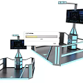 Futuristic Control Consoles With Display Screens Blue Lighting And Metal Frames