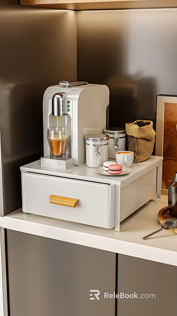 Modern White Nightstand with Drawer Coffee Machine Storage Jars Coffee Cups and Macarons 3d model