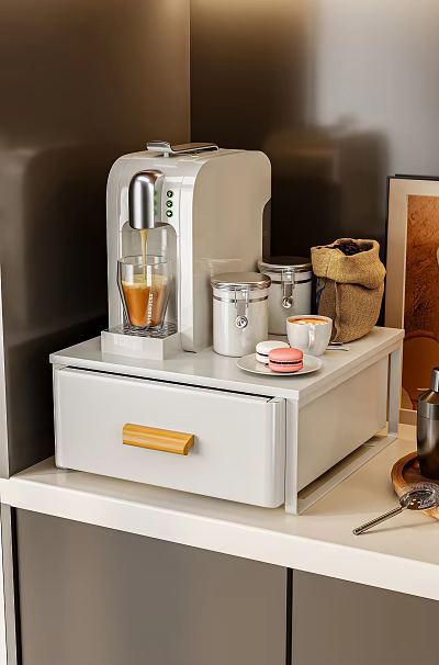 Modern White Nightstand with Drawer Coffee Machine Storage Jars Coffee Cups and Macarons 3d model
