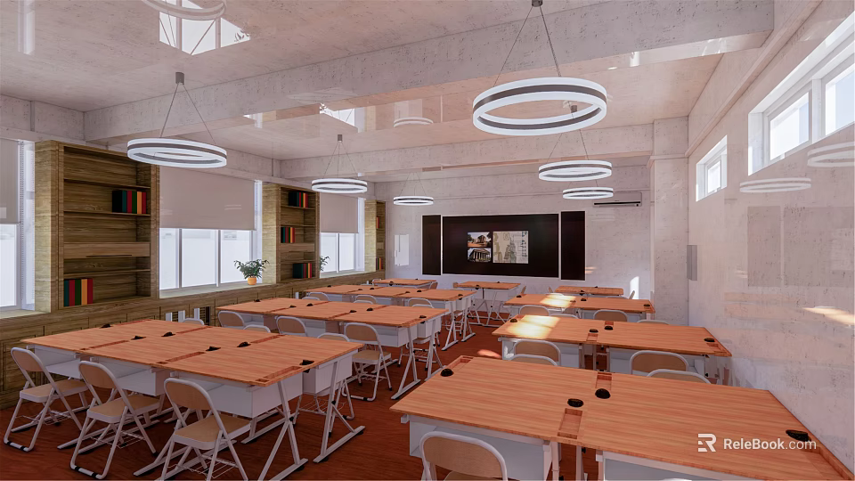 Modern School Classroom Interior With Wooden Desks Chairs Blackboard Bookshelves And Ceiling Lights 3d model 