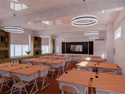 Modern School Classroom Interior With Wooden Desks Chairs Blackboard Bookshelves And Ceiling Lights 3d model