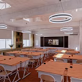 Modern School Classroom Interior With Wooden Desks Chairs Blackboard Bookshelves And Ceiling Lights
