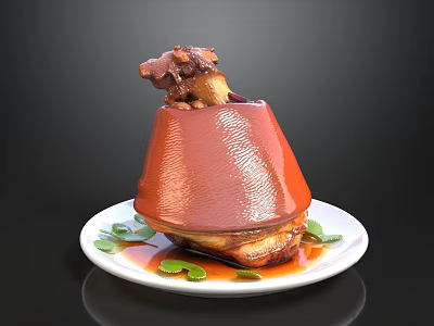 Glazed Braised Pork with Rich Sauce on White Plate and Green Garnish 3d model