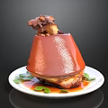 Glazed Braised Pork with Rich Sauce on White Plate and Green Garnish