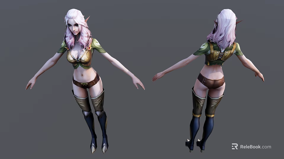 Game Movie Character with Elven Ears Long Pinkish White Hair Green Top Brown Shorts Boots 3d model 