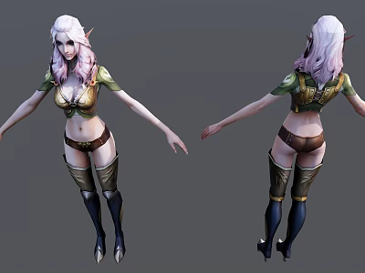 Game Movie Character with Elven Ears Long Pinkish White Hair Green Top Brown Shorts Boots 3d model