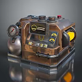 Vintage Industrial Device With Metallic Casing Display Screen Pressure Gauge And Yellow Components