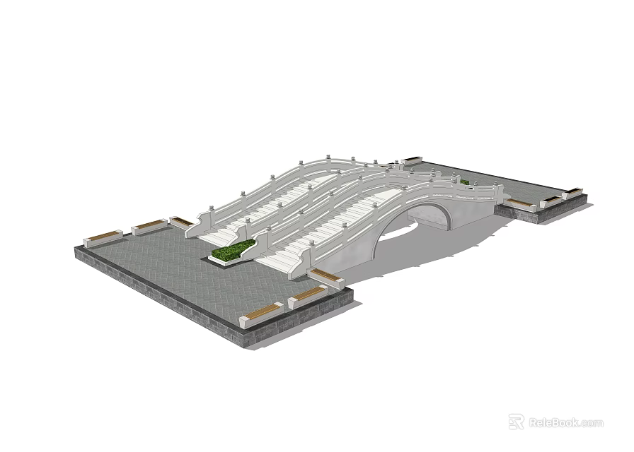 Landscape Bridge Design With Stone Steps Arch Structure Green Plants And Side Platforms 3d model