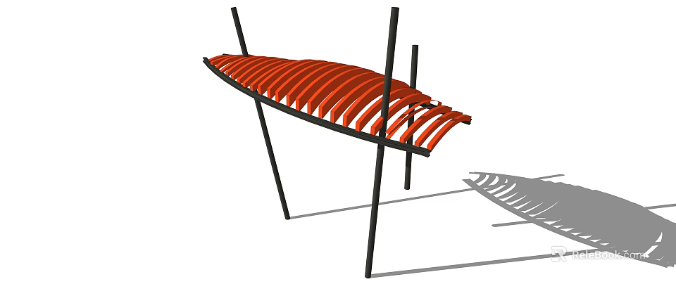 Outdoor Garden Ornament With Curved Red Slats Design And Black Metal Frame 3d model 