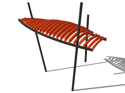 Outdoor Garden Ornament With Curved Red Slats Design And Black Metal Frame 3d model