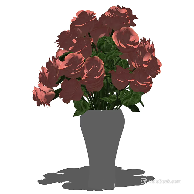 Beautiful Pink Roses Arrangement in Gray Vase with Fresh Green Leaves 3d model 