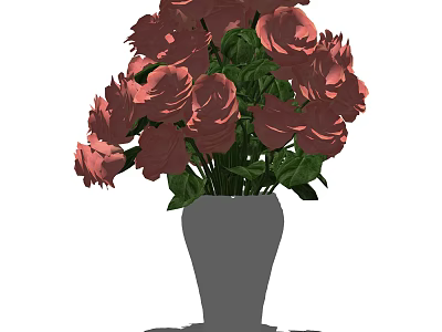 Beautiful Pink Roses Arrangement in Gray Vase with Fresh Green Leaves 3d model
