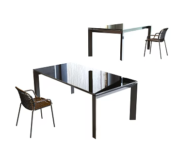 Modern Dining Table Set with Black Frame Glass Top and Wicker Chairs for Home 3d model