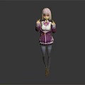 3D Animated Game Character With Pink Hair Purple And White Jacket Blue Pants Standing Pose