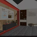 Cultural Museum Interior Featuring Exhibition Boards Display Cabinets And Traditional Artifacts On Stone Tile Floor